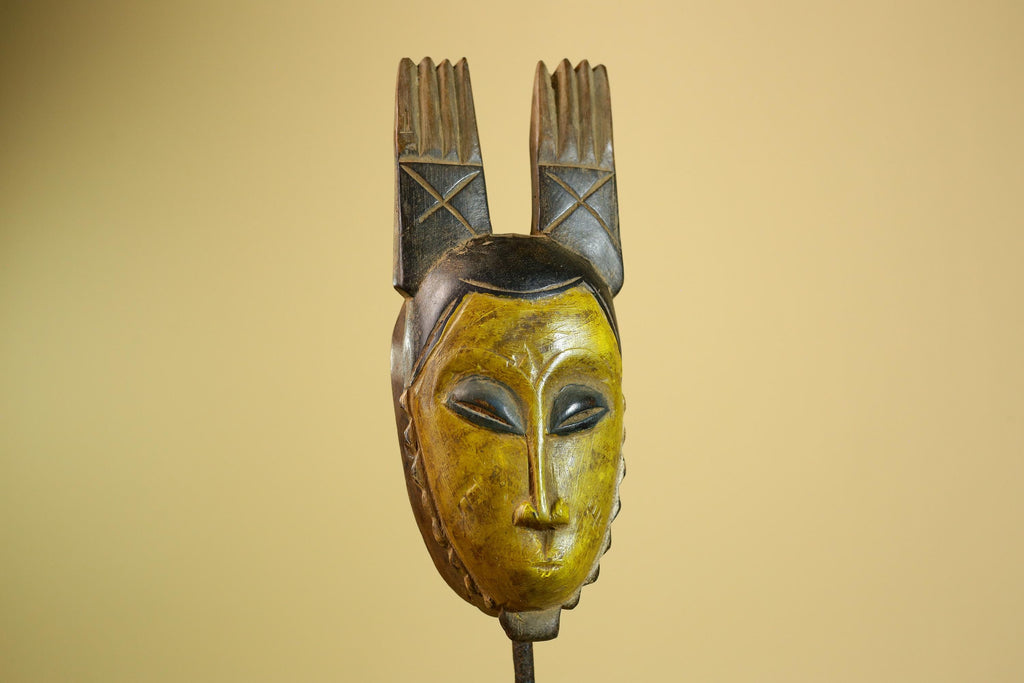 African Baule Mask Carved Wood Yellow Face Horns Côte d’Ivoire Tribal Decor-G5977
