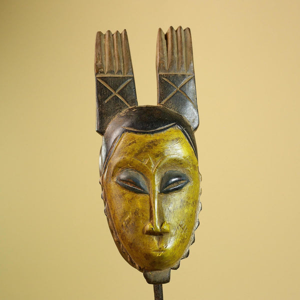 African Baule Mask Carved Wood Yellow Face Horns Côte d’Ivoire Tribal Decor-G5977