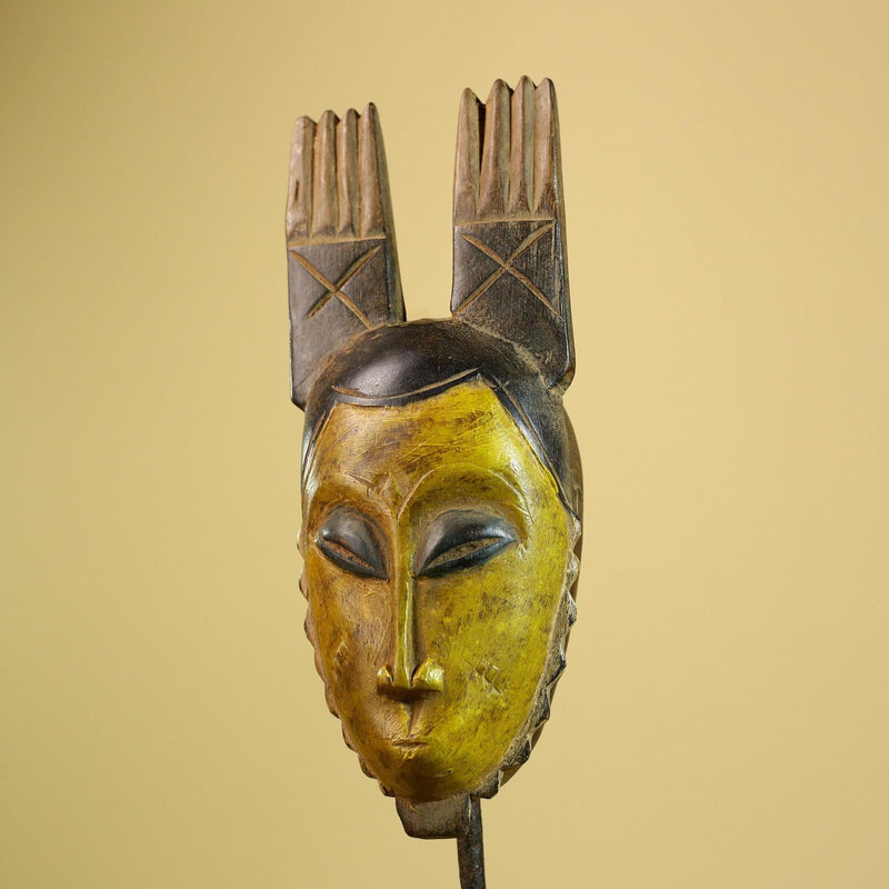 African Baule Mask Carved Wood Yellow Face Horns Côte d’Ivoire Tribal Decor-G5977