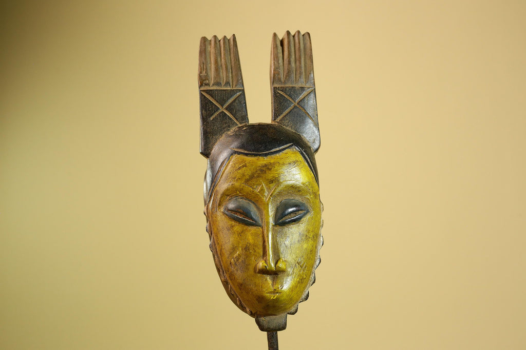 African Baule Mask Carved Wood Yellow Face Horns Côte d’Ivoire Tribal Decor-G5977