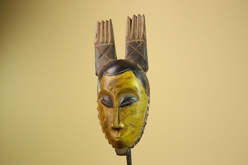 African Baule Mask Carved Wood Yellow Face Horns Côte d’Ivoire Tribal Decor-G5977