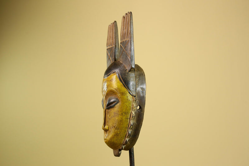 African Baule Mask Carved Wood Yellow Face Horns Côte d’Ivoire Tribal Decor-G5977