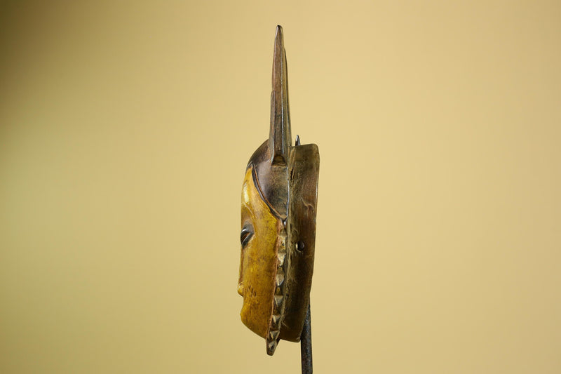 African Baule Mask Carved Wood Yellow Face Horns Côte d’Ivoire Tribal Decor-G5977