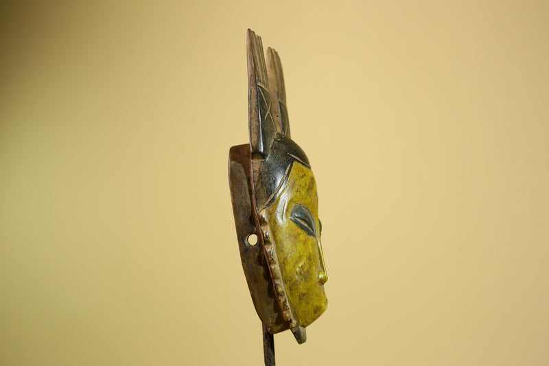 African Baule Mask Carved Wood Yellow Face Horns Côte d’Ivoire Tribal Decor-G5977