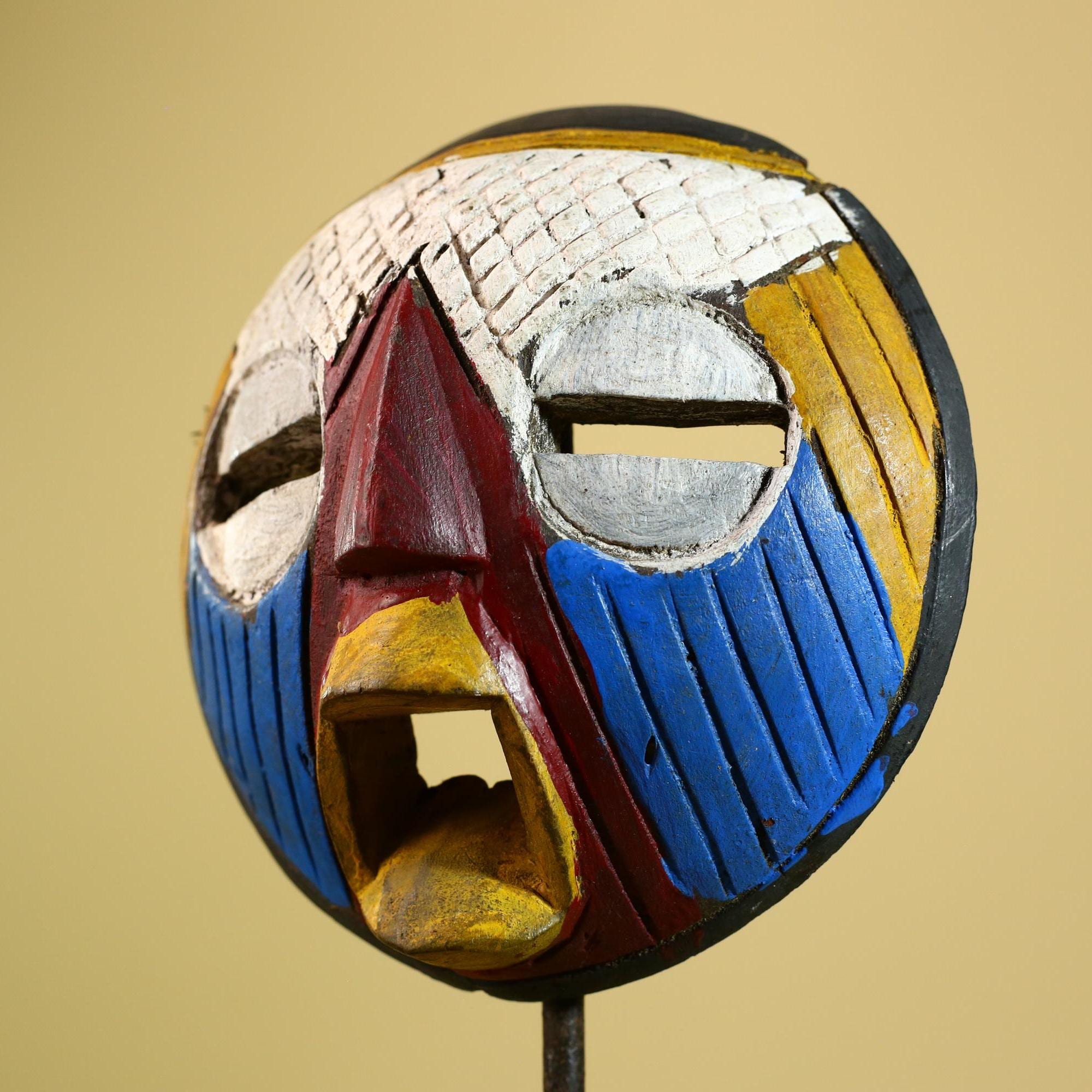 African Tribal Mask Carved Wood Multicolor Round Face Côte d’Ivoire Decor-G5978