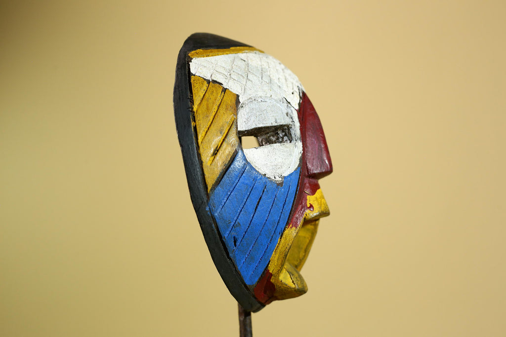 African Tribal Mask Carved Wood Multicolor Round Face Côte d’Ivoire Decor-G5978