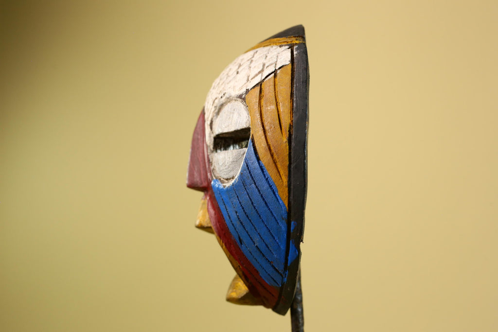 African Tribal Mask Carved Wood Multicolor Round Face Côte d’Ivoire Decor-G5978