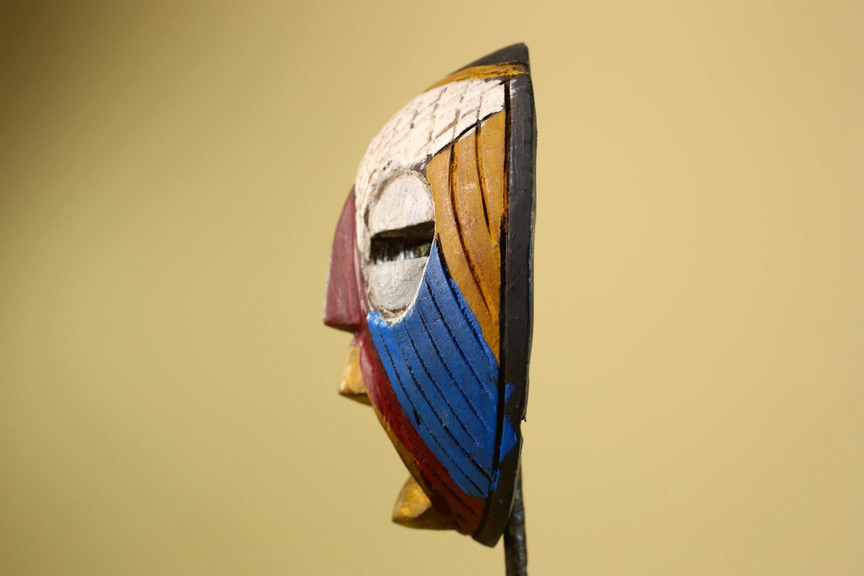 African Tribal Mask Carved Wood Multicolor Round Face Côte d’Ivoire Decor-G5978
