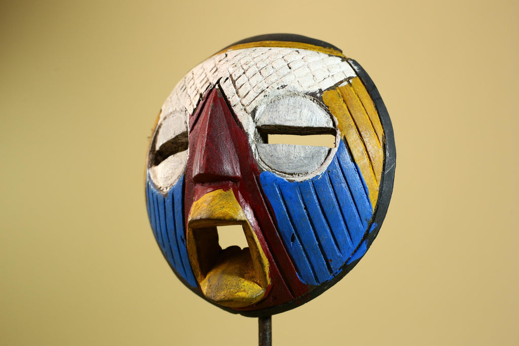 African Tribal Mask Carved Wood Multicolor Round Face Côte d’Ivoire Decor-G5978