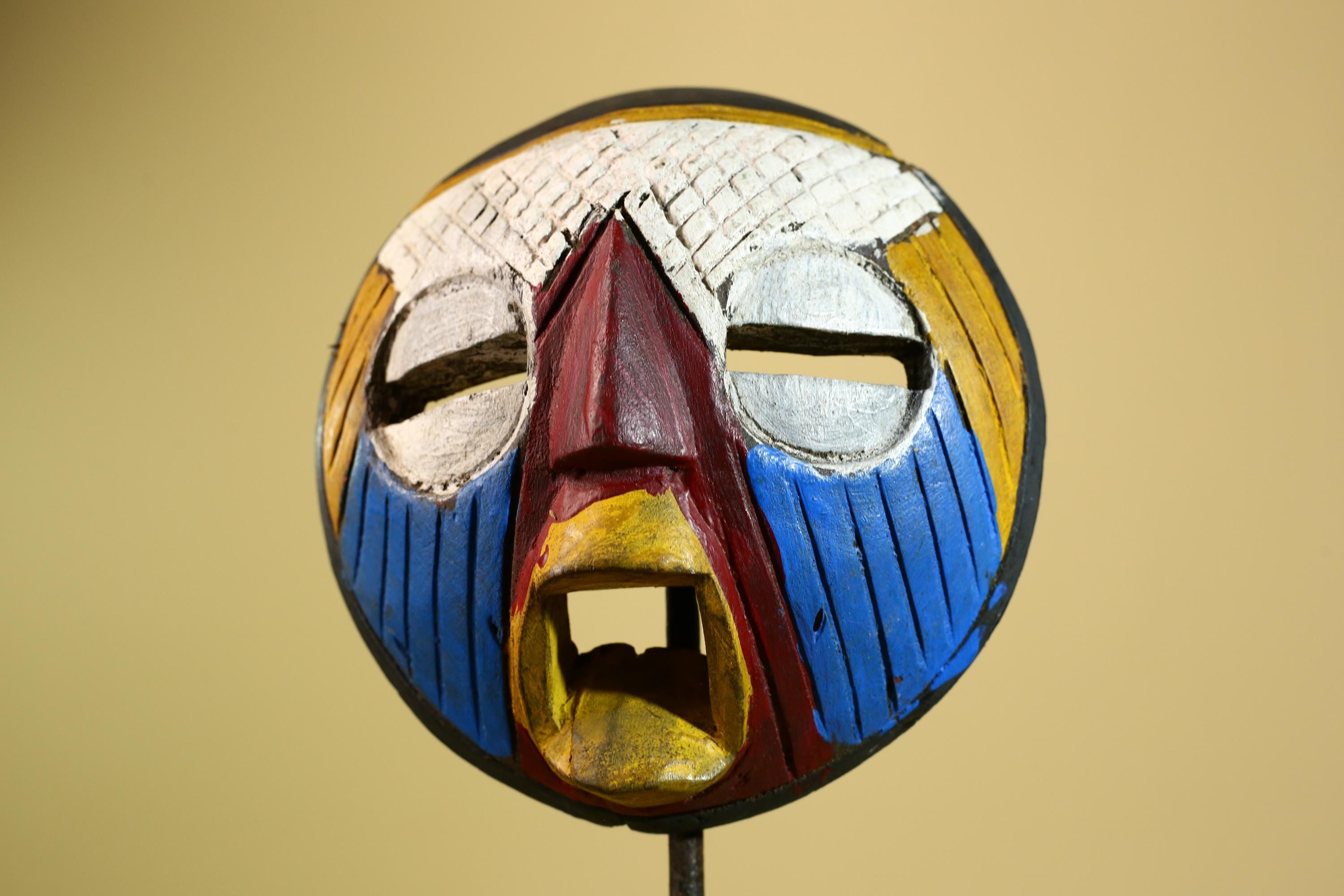 African Tribal Mask Carved Wood Multicolor Round Face Côte d’Ivoire Decor-G5978