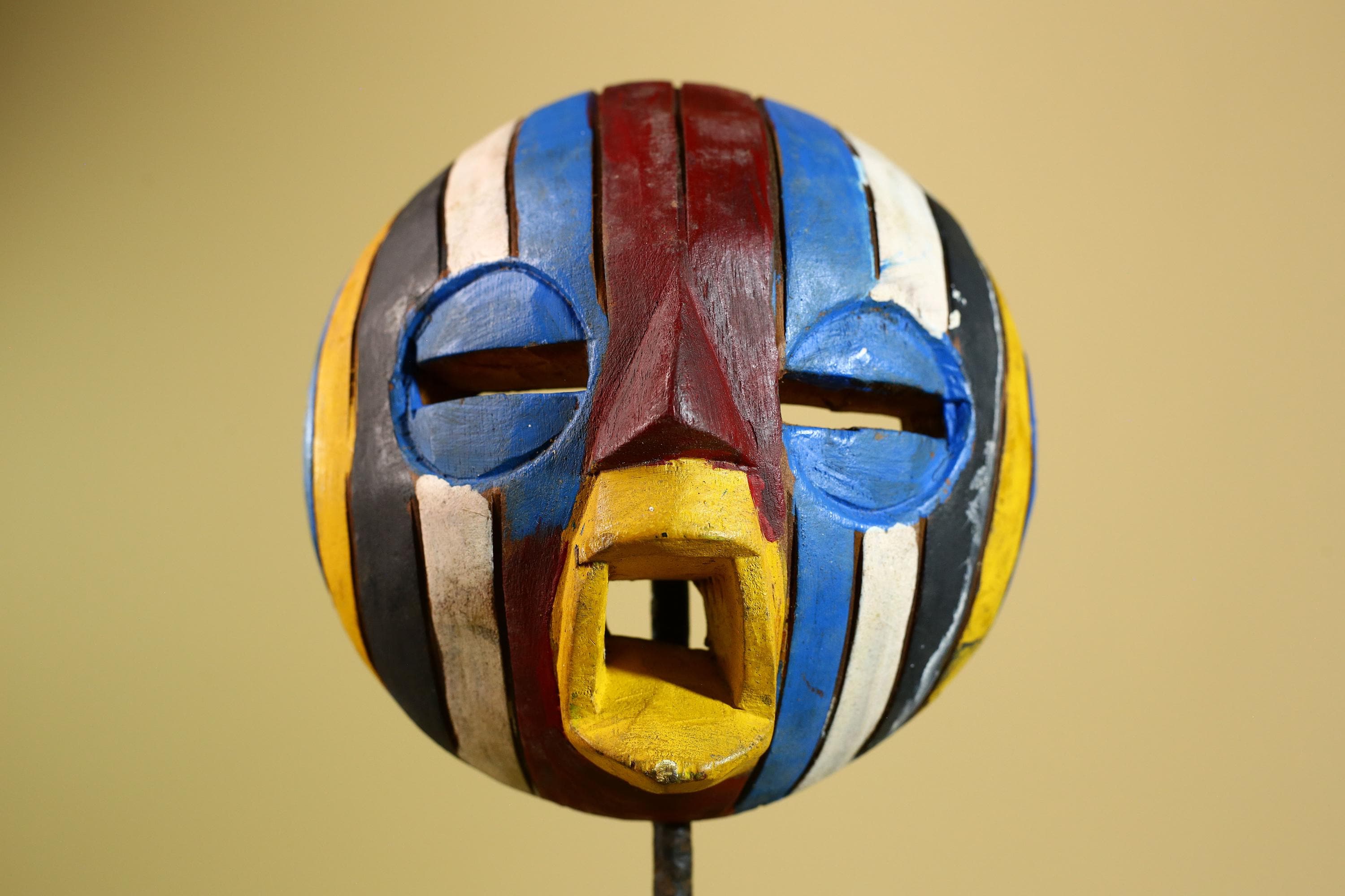 Tribal African Mask Multicolor Wood Striped Round Face Art from Côte d’Ivoire-G5979