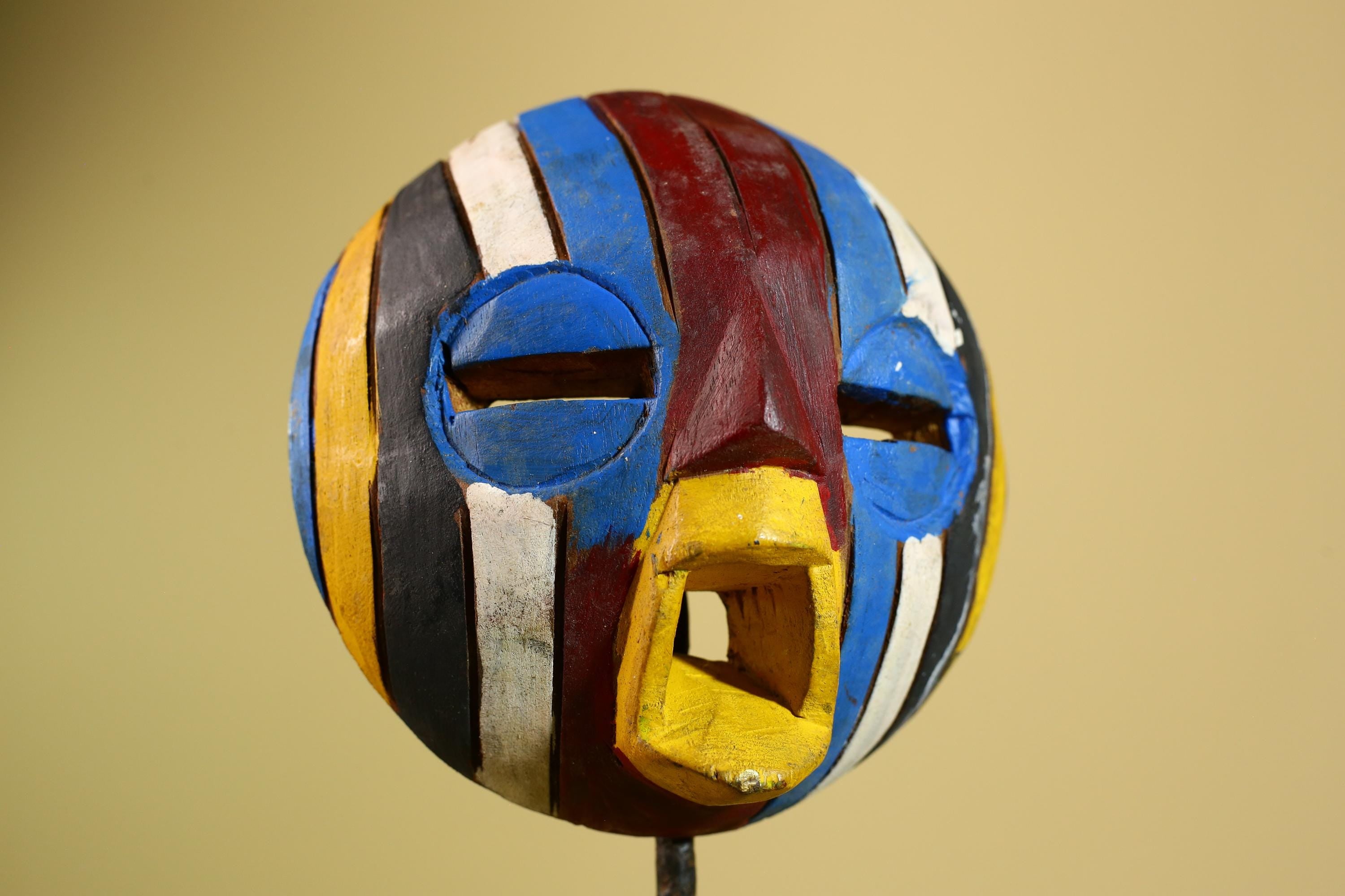 Tribal African Mask Multicolor Wood Striped Round Face Art from Côte d’Ivoire-G5979
