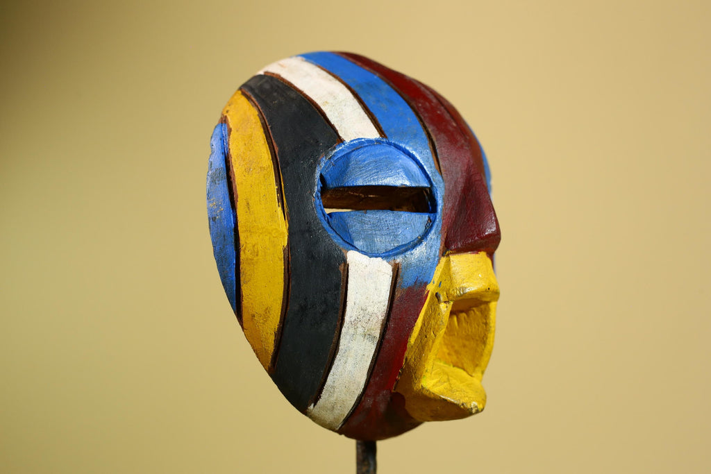 Tribal African Mask Multicolor Wood Striped Round Face Art from Côte d’Ivoire-G5979