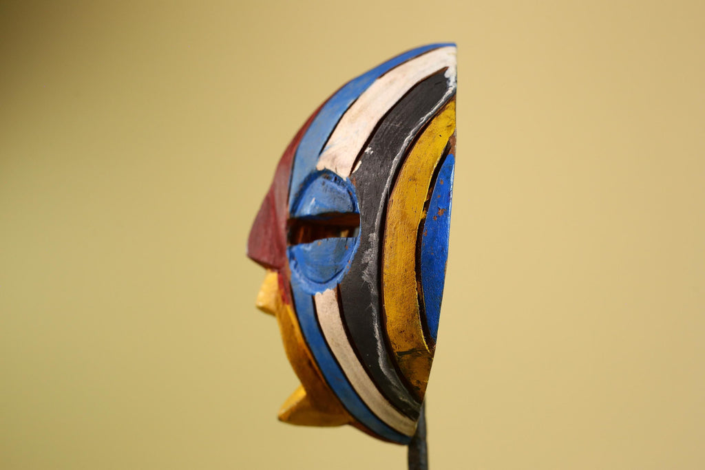 Tribal African Mask Multicolor Wood Striped Round Face Art from Côte d’Ivoire-G5979