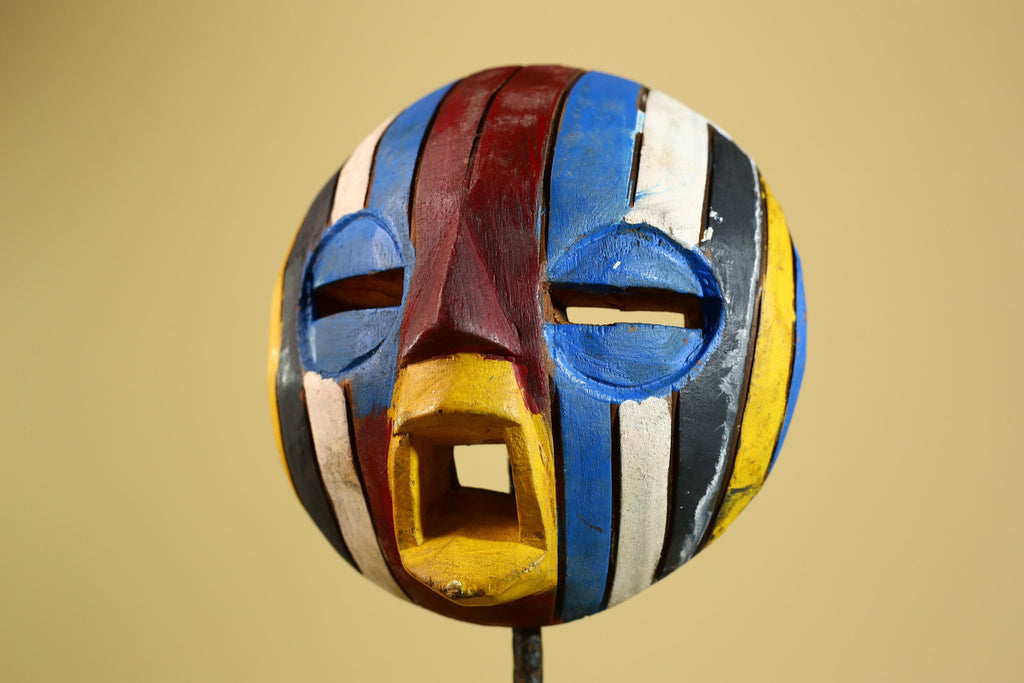 Tribal African Mask Multicolor Wood Striped Round Face Art from Côte d’Ivoire-G5979