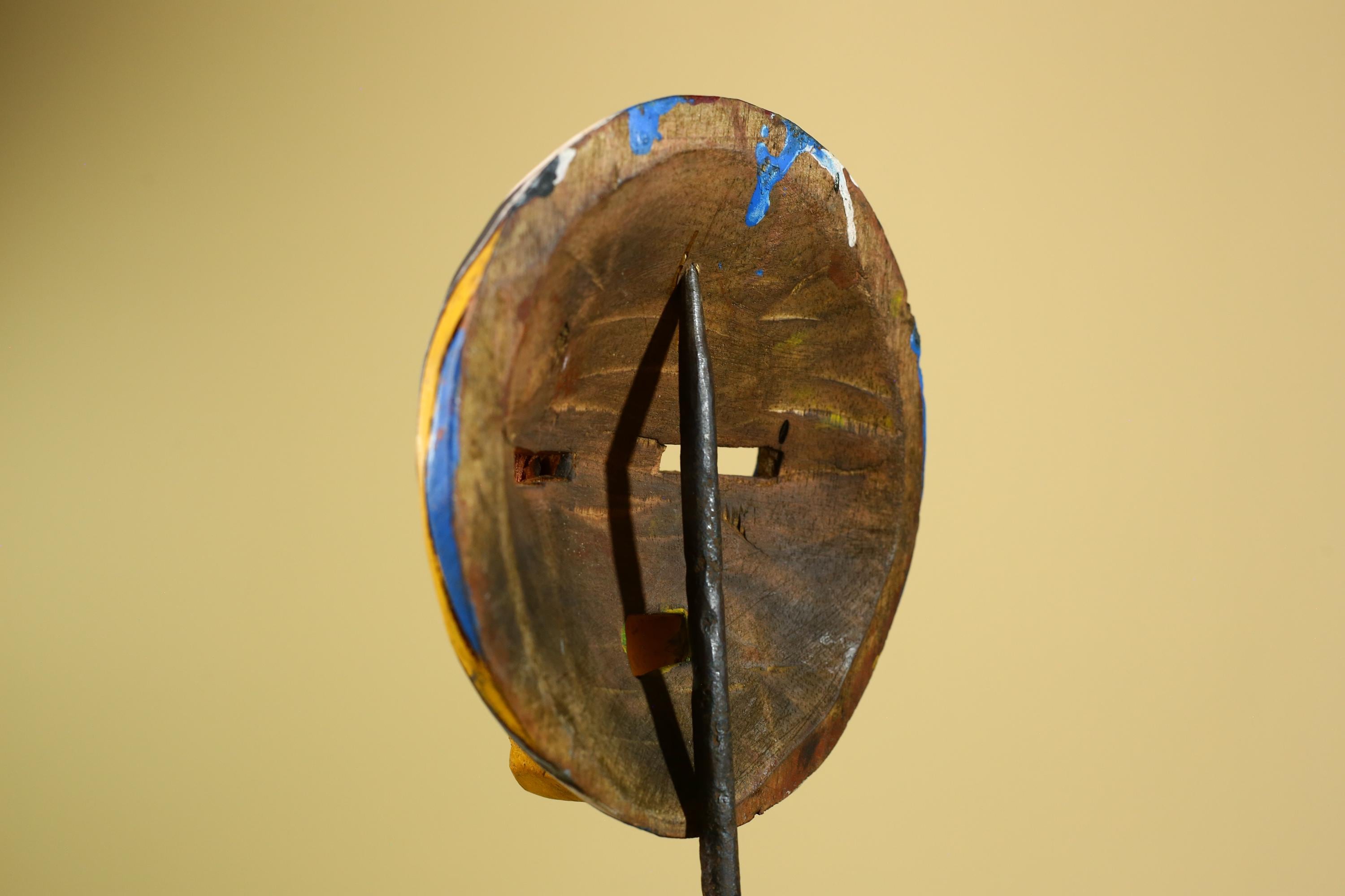 Tribal African Mask Multicolor Wood Striped Round Face Art from Côte d’Ivoire-G5979