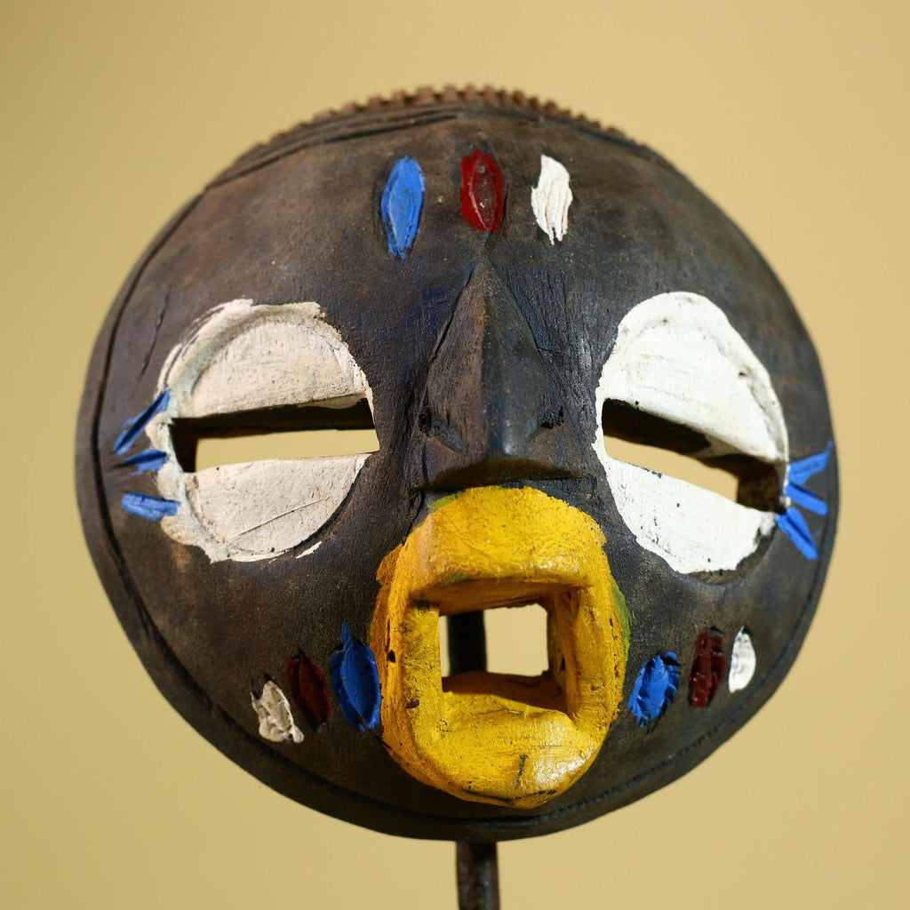Tribal African Mask Painted Dark Wood Round Face from Côte d’Ivoire Decor-G5980