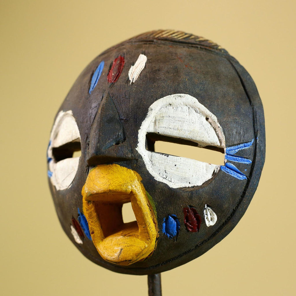 Tribal African Mask Painted Dark Wood Round Face from Côte d’Ivoire Decor-G5980