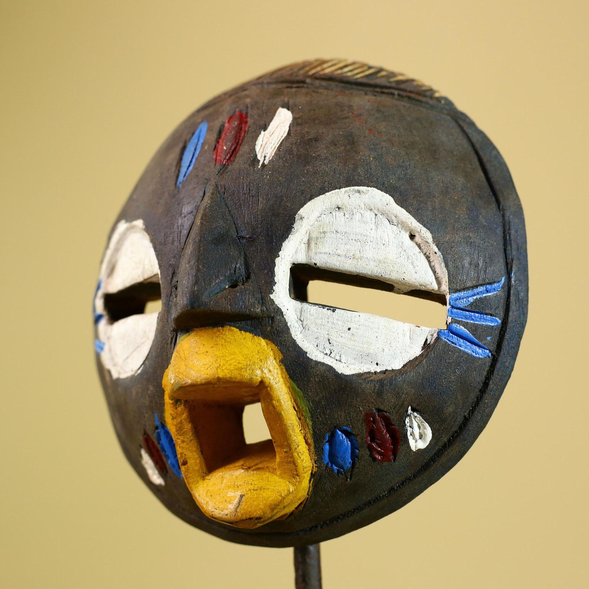 Tribal African Mask Painted Dark Wood Round Face from Côte d’Ivoire Decor-G5980