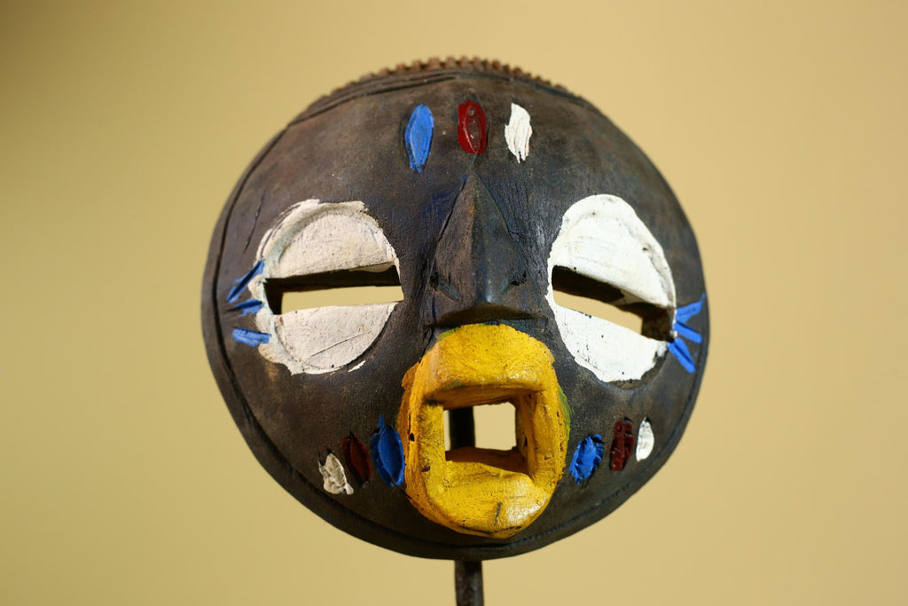 Tribal African Mask Painted Dark Wood Round Face from Côte d’Ivoire Decor-G5980