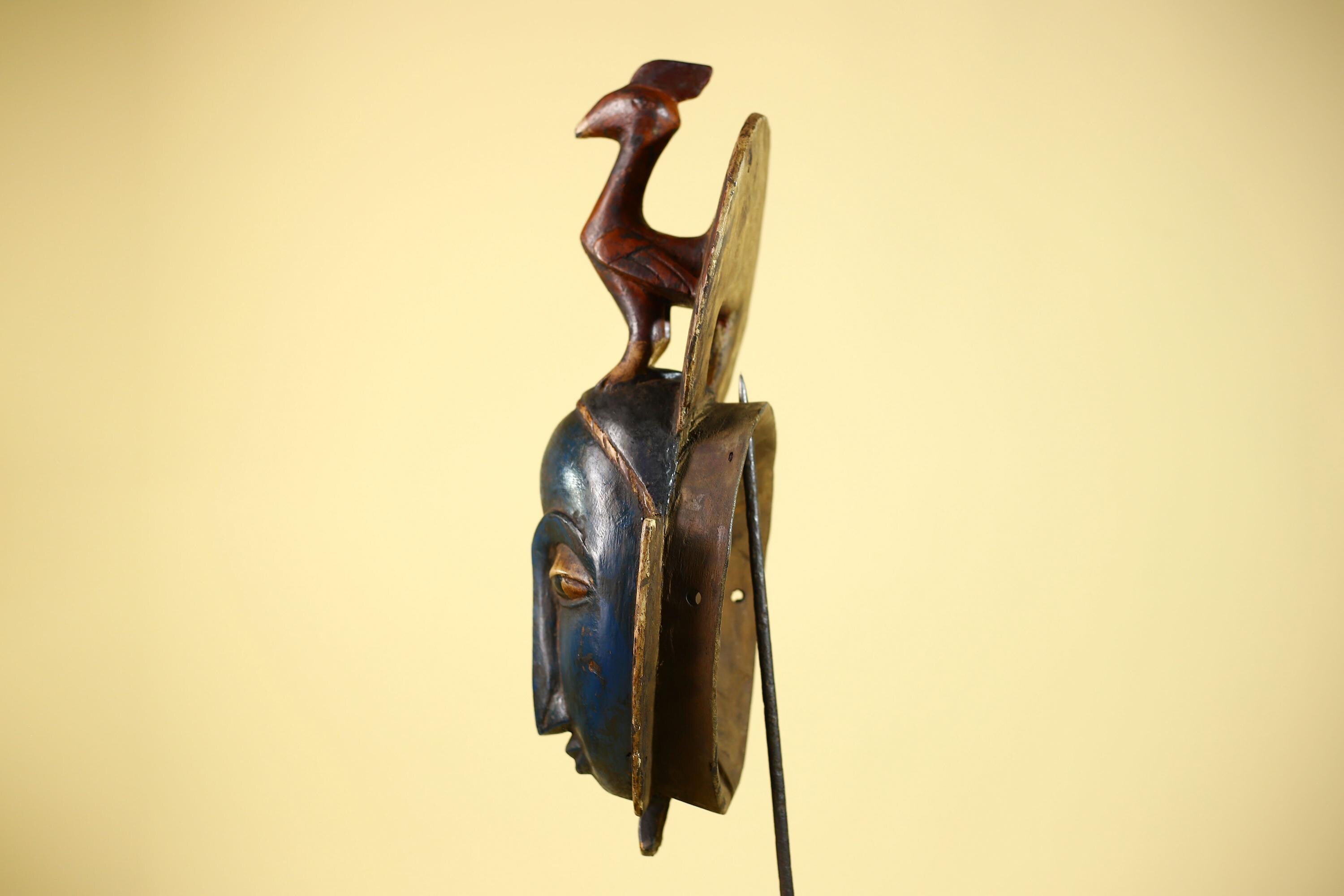 Handmade African Blue Guro Mask Bird Crest Carved Wood Tribal Wall Decor-G6089