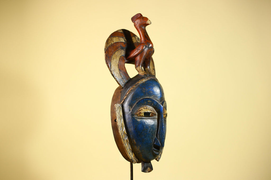 Handmade African Blue Guro Mask Bird Crest Carved Wood Tribal Wall Decor-G6089