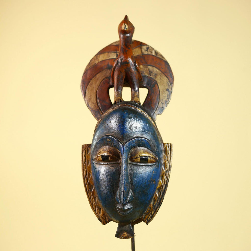 Handmade African Blue Guro Mask Bird Crest Carved Wood Tribal Wall Decor-G6089