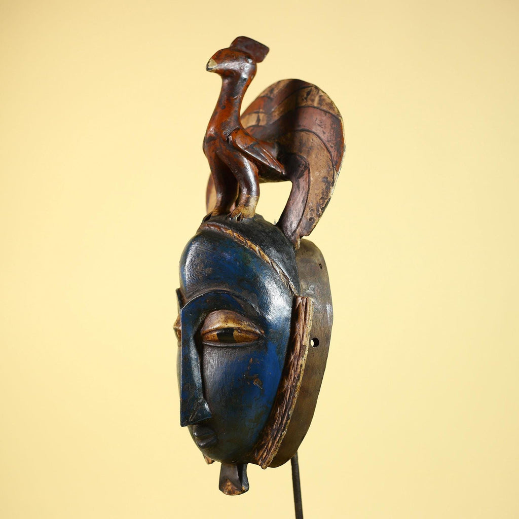 Handmade African Blue Guro Mask Bird Crest Carved Wood Tribal Wall Decor-G6089