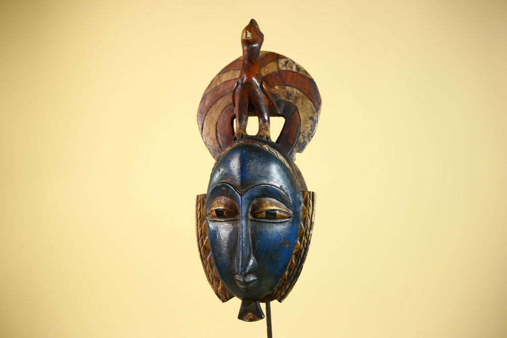 Handmade African Blue Guro Mask Bird Crest Carved Wood Tribal Wall Decor-G6089