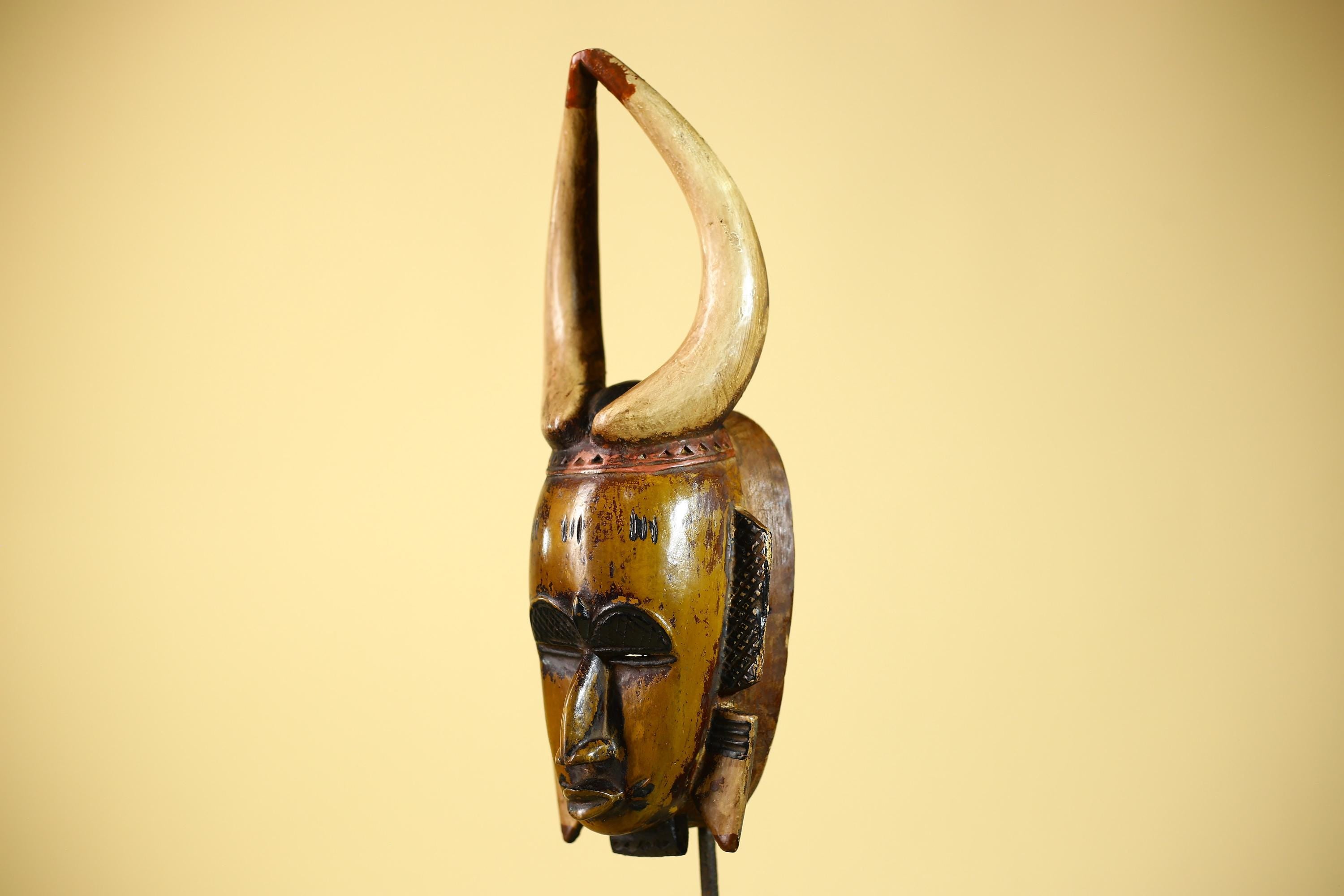 African Mask Wooden Art Horned Tribal Wall Decor Handmade Vintage-G6101