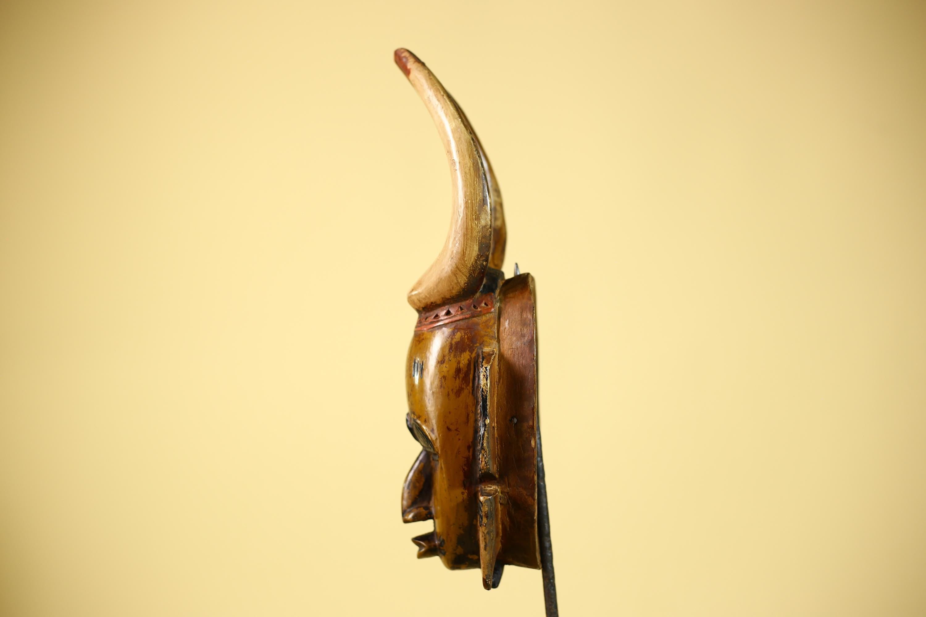 African Mask Wooden Art Horned Tribal Wall Decor Handmade Vintage-G6101