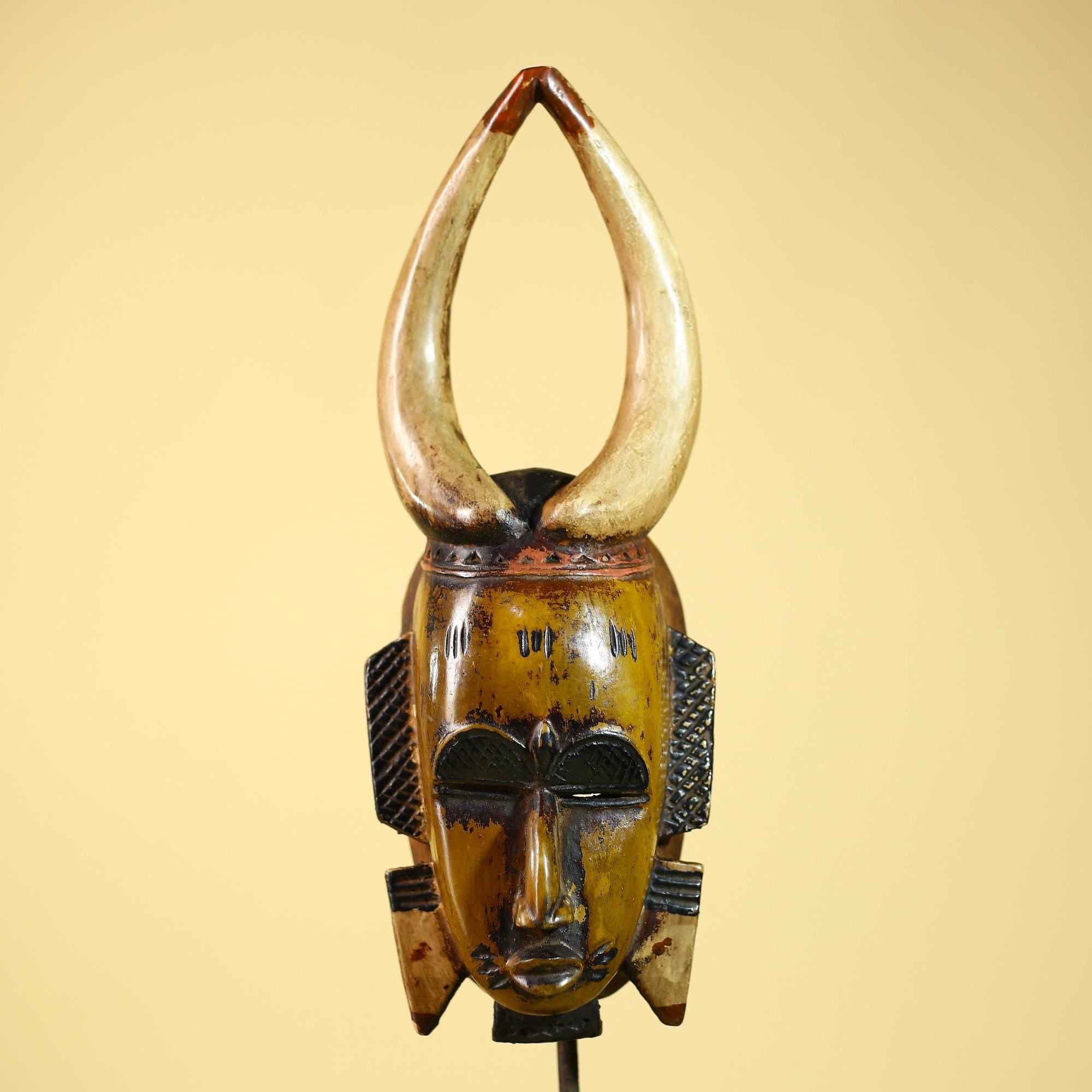 African Mask Wooden Art Horned Tribal Wall Decor Handmade Vintage-G6101