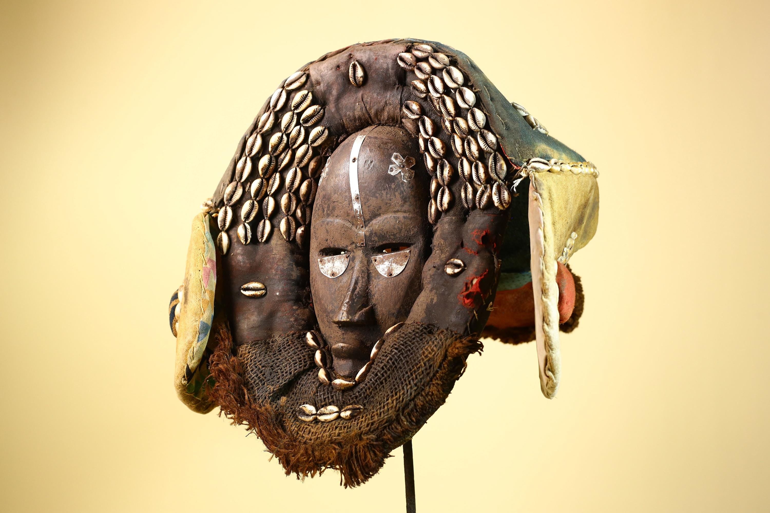 African Mask Cowrie Shell Fabric Wood Cameroon Ritual Art Tribal Decor-G5985