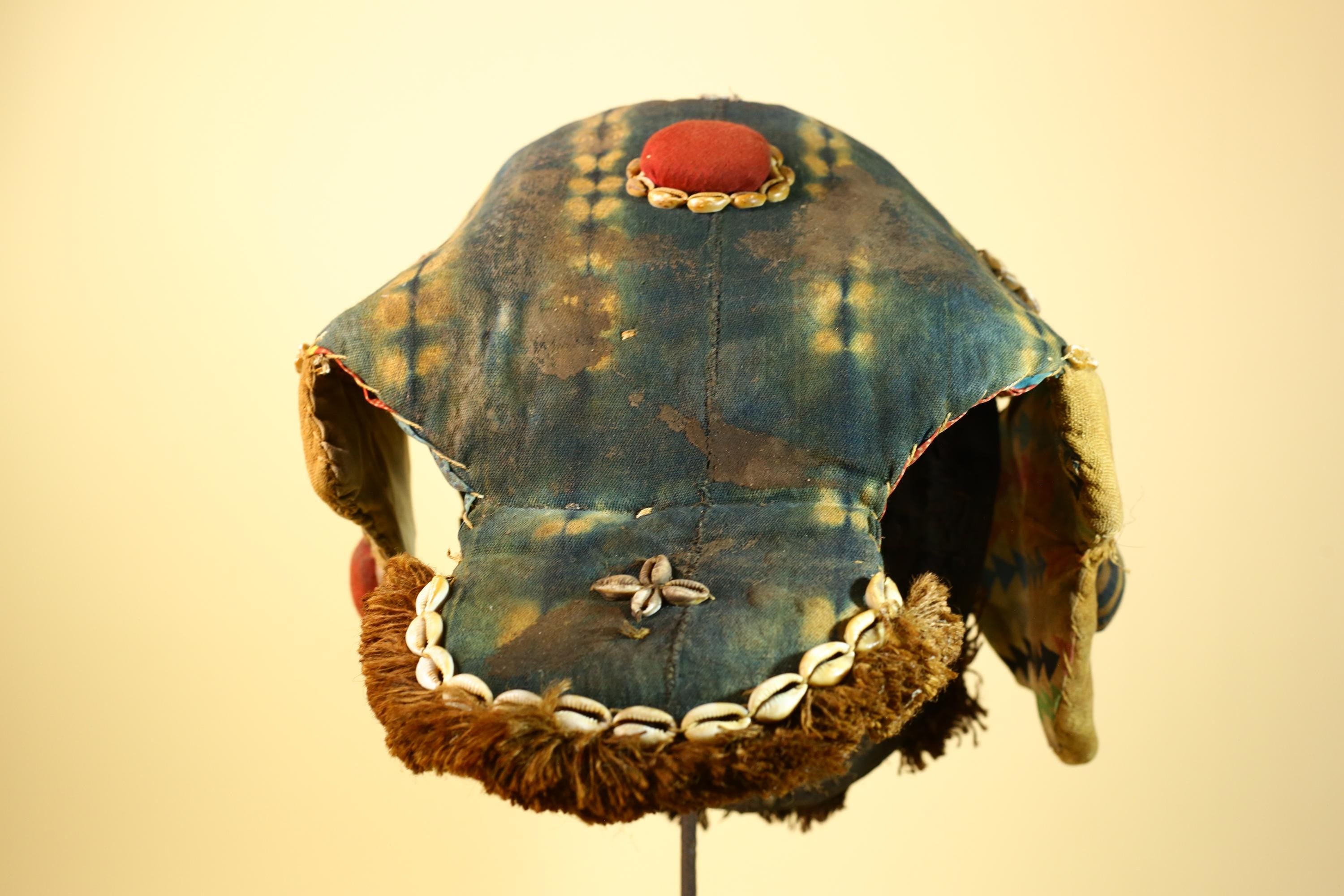 African Mask Cowrie Shell Fabric Wood Cameroon Ritual Art Tribal Decor-G5985