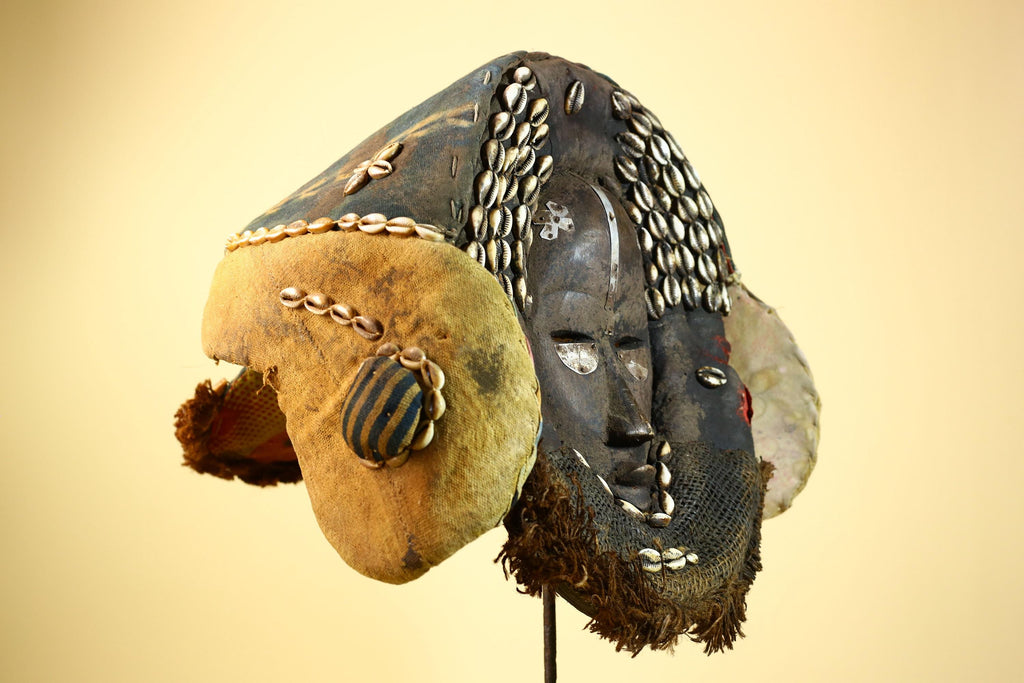 African Mask Cowrie Shell Fabric Wood Cameroon Ritual Art Tribal Decor-G5985