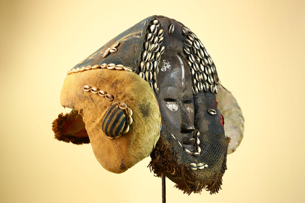 African Mask Cowrie Shell Fabric Wood Cameroon Ritual Art Tribal Decor-G5985