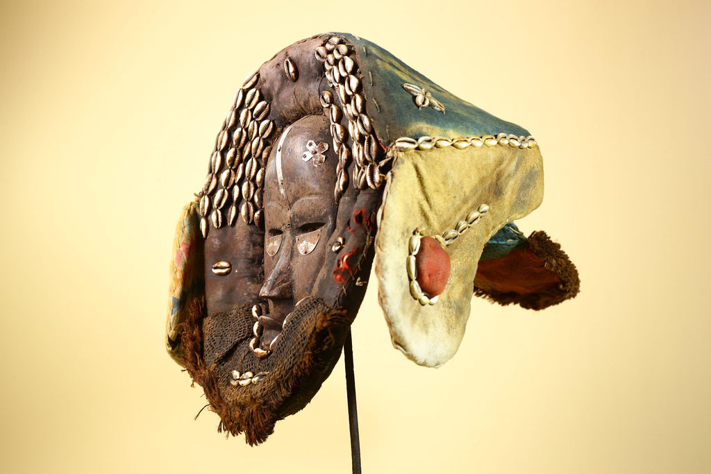 African Mask Cowrie Shell Fabric Wood Cameroon Ritual Art Tribal Decor-G5985