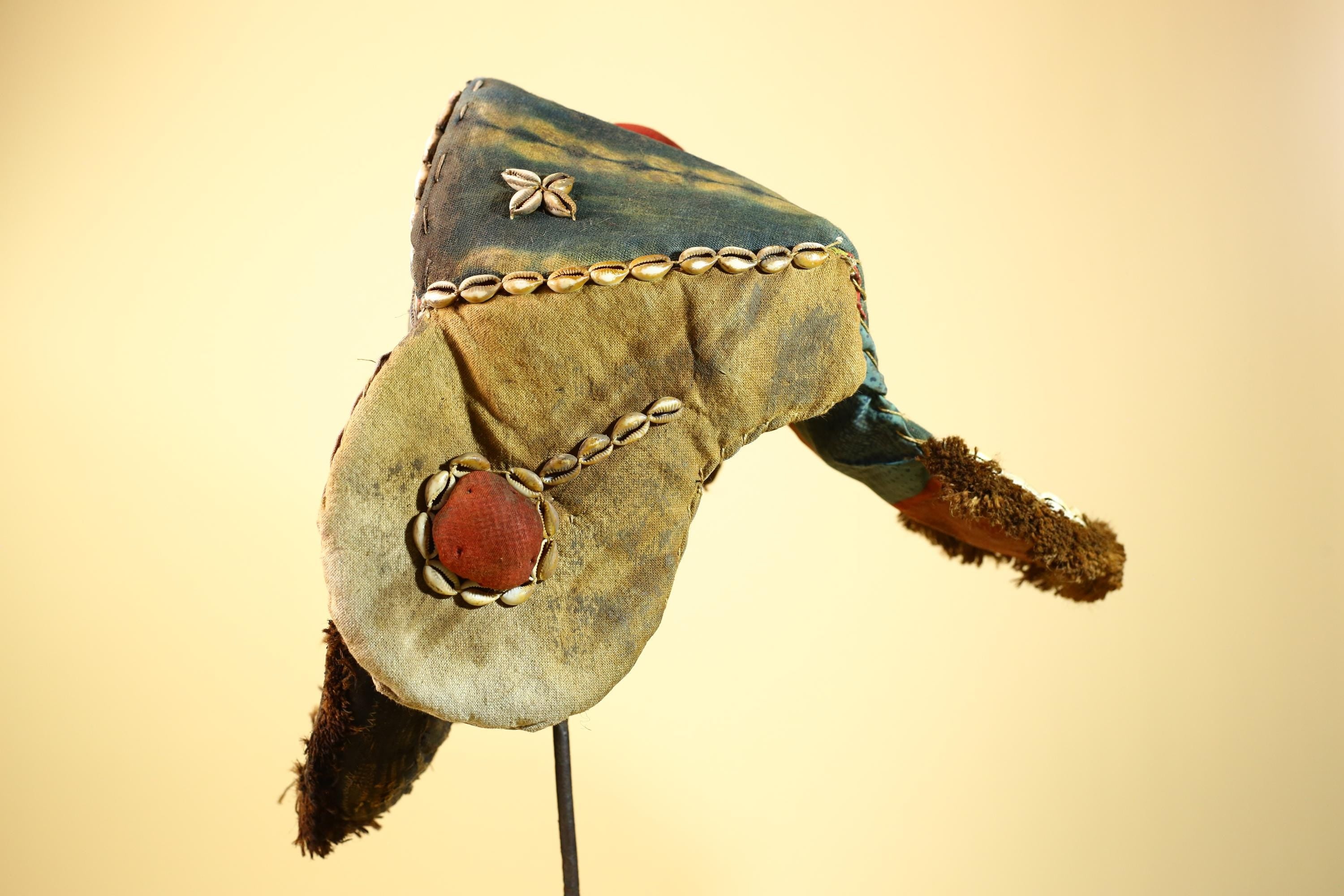 African Mask Cowrie Shell Fabric Wood Cameroon Ritual Art Tribal Decor-G5985