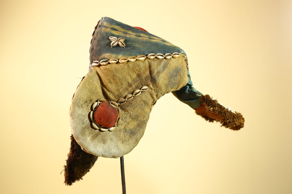 African Mask Cowrie Shell Fabric Wood Cameroon Ritual Art Tribal Decor-G5985