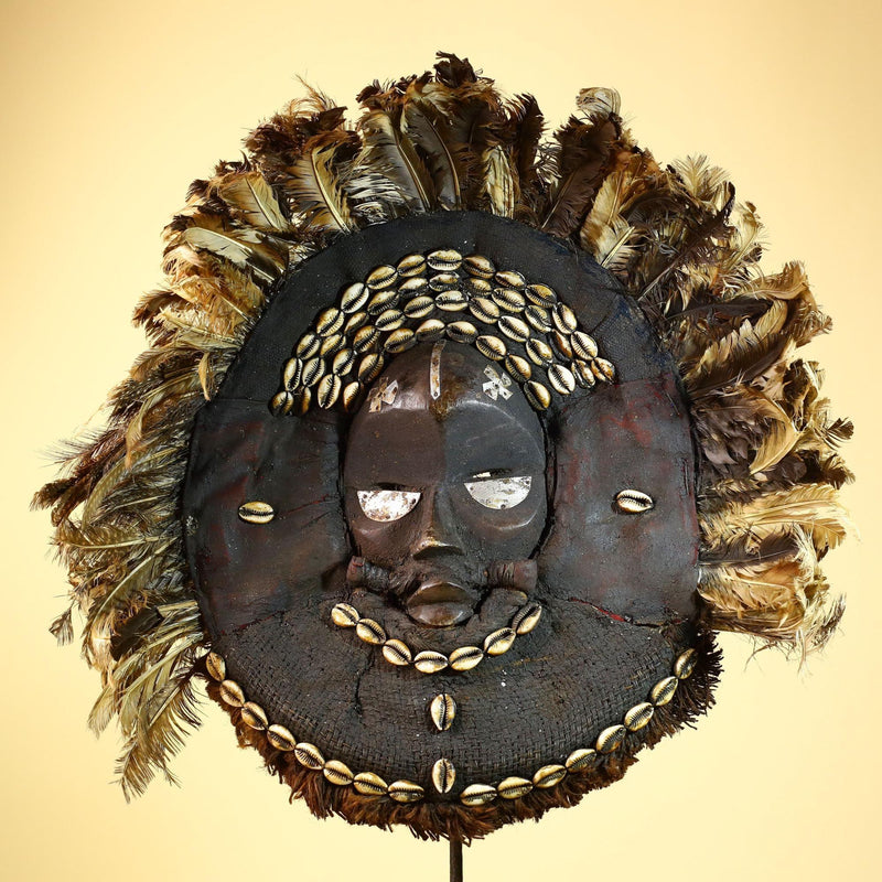 African Baule Mask Cowrie Feather Wood Carved Tribal Art Côte d’Ivoire Decor-G5988