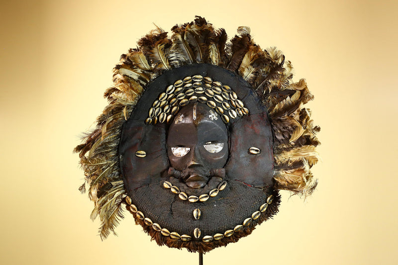 African Baule Mask Cowrie Feather Wood Carved Tribal Art Côte d’Ivoire Decor-G5988