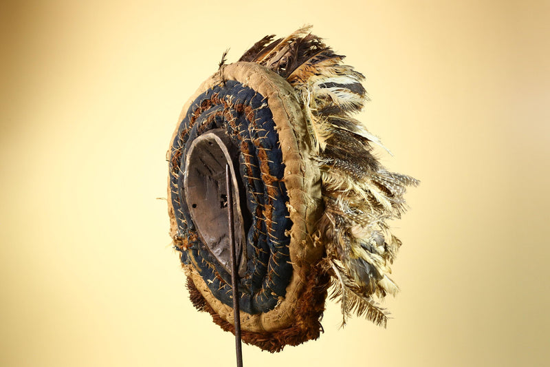 African Baule Mask Cowrie Feather Wood Carved Tribal Art Côte d’Ivoire Decor-G5988