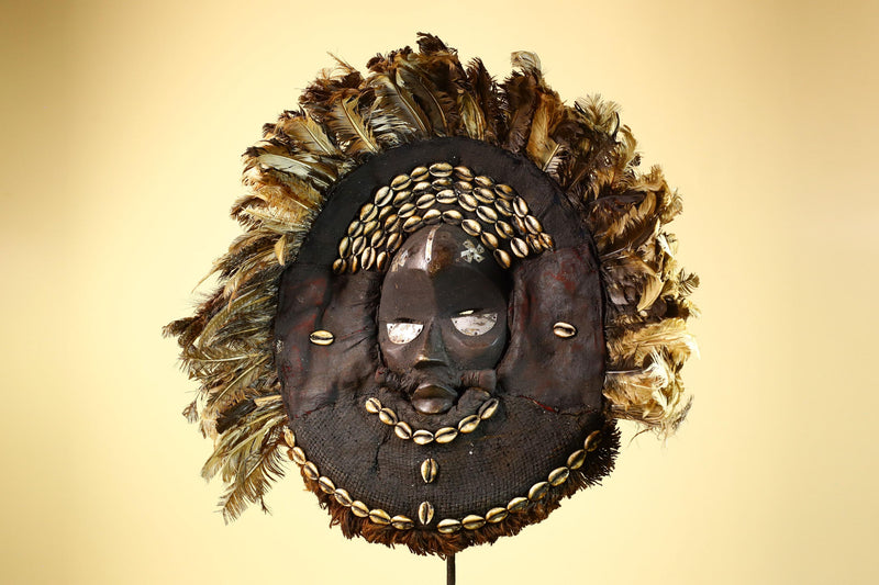 African Baule Mask Cowrie Feather Wood Carved Tribal Art Côte d’Ivoire Decor-G5988