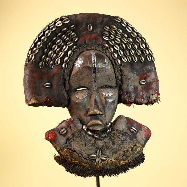 Dan Tribal Mask Cowrie Shell Cloth Wood African Ceremony Art Liberia-G5990
