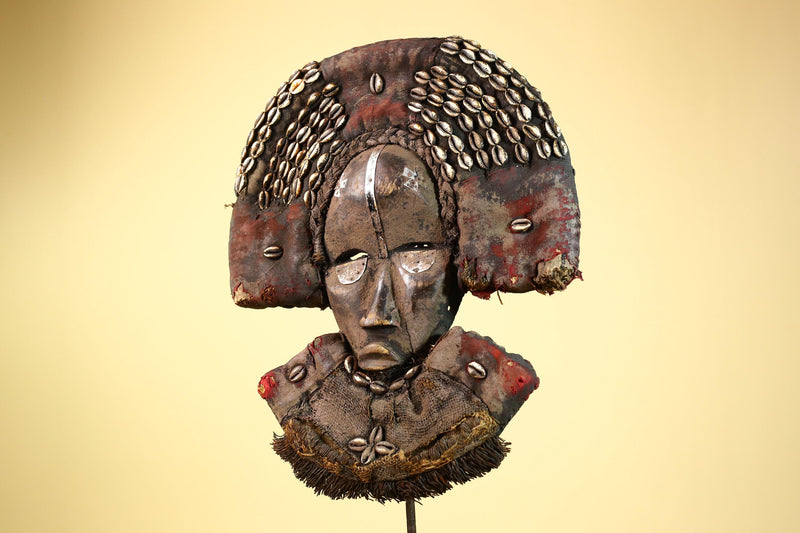 Dan Tribal Mask Cowrie Shell Cloth Wood African Ceremony Art Liberia-G5990