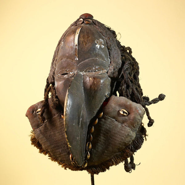 African Dan Mask Cowrie Shell Tribal Wood Cloth Art Liberia Vintage Decor-G5991
