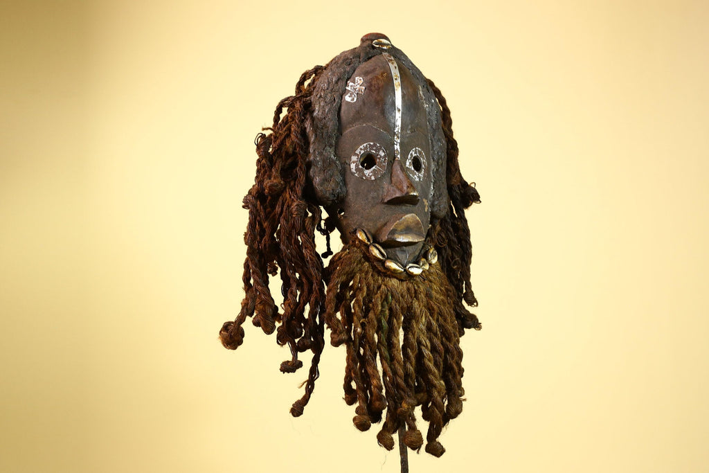 African Dan Gio Mask Wood Metal Inlay Fiber Hair Cowrie Tribal Liberia Art-G5992