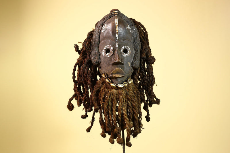 African Dan Gio Mask Wood Metal Inlay Fiber Hair Cowrie Tribal Liberia Art-G5992
