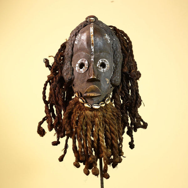 African Dan Gio Mask Wood Metal Inlay Fiber Hair Cowrie Tribal Liberia Art-G5992