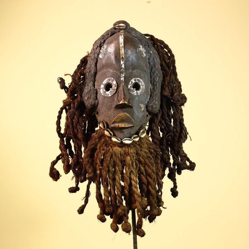 African Dan Gio Mask Wood Metal Inlay Fiber Hair Cowrie Tribal Liberia Art-G5992